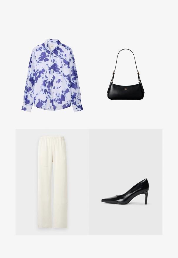 Chemise boutonnée à manches longues avec col pointu, présentant un motif floral abstrait bleu et blanc.; Pantalon droit de couleur crème avec une ceinture élastique, sans poches visibles ni ornements.; Chaussure à talon haut en cuir noir avec un bout pointu, texture lisse et un talon effilé. Design minimaliste, sans embellissements supplémentaires.; Mini sac à bandoulière en cuir noir avec une fine bandoulière et un petit logo CK doré au centre avant.