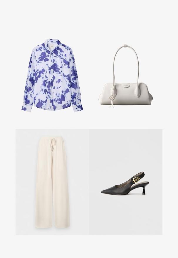 Chemise boutonnée à manches longues avec col pointu, présentant un motif floral abstrait bleu et blanc.; Pantalon ample de couleur crème avec ceinture élastique et cordon de serrage, fabriqué en tissu léger.; Chaussure à talon haut noire à bride arrière, avec un bout pointu, une texture en cuir lisse et une accent de boucle dorée sur la bride.; Sac à bandoulière blanc Calvin Klein avec longues poignées, forme rectangulaire, fermeture éclair et charm logo décoratif suspendu près de la poignée.