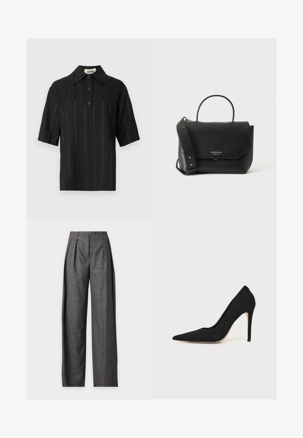 Chemise noire à manches courtes en tissu lisse, présentant de fines rayures verticales, un col pointu et une patte de boutonnage à l'avant.; Pantalon gris taille haute à jambes larges avec un motif à carreaux subtil et des plis à l'avant, présenté sur un fond clair uni.; Escarpin stiletto noir à talon haut avec bout pointu et texture lisse, présenté de profil sur un fond clair uni.; Sac à main en cuir noir avec fermeture par rabat, poignée unique sur le dessus, large bandoulière réglable et petit logo argenté sur le devant.
