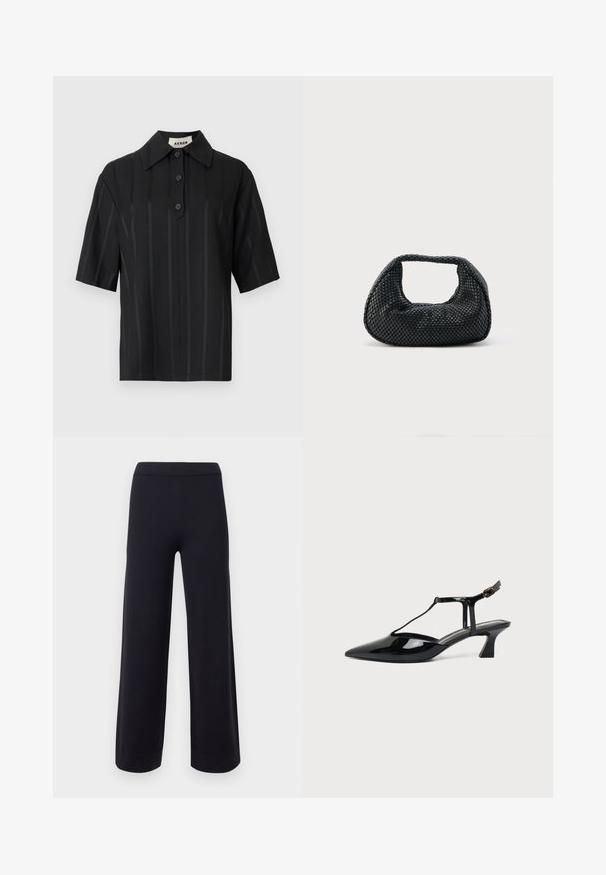 Chemise noire à manches courtes en tissu lisse, présentant de fines rayures verticales, un col pointu et une patte de boutonnage à l'avant.; Pantalon noir à jambes larges avec une taille haute et des ourlets retroussés, présenté sur un fond clair uni.; Chaussure slingback en cuir verni noir à bout pointu avec bride en T et petit talon bloc incliné sur fond blanc.; Sac hobo tissé noir avec une structure souple et une poignée intégrée, présenté sur un fond clair uni.