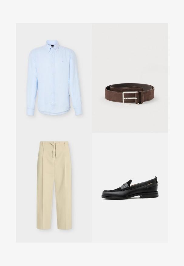 Chemise bleu clair à manches longues avec boutons, col boutonné et logo délicatement brodé sur la poitrine gauche.; Pantalon beige droit avec passants pour ceinture et nouage à l'avant, présentant un design épuré et ajusté ainsi qu'un tissu texturé.; Mocassin en cuir noir avec détail de bride grise, talon bas et semelle texturée, marqué "HUGO" en or sur le côté.; Ceinture en daim marron à la texture lisse, avec une boucle en métal argenté et un design simple. Dispose d'une doublure en cuir et de détails de couture.