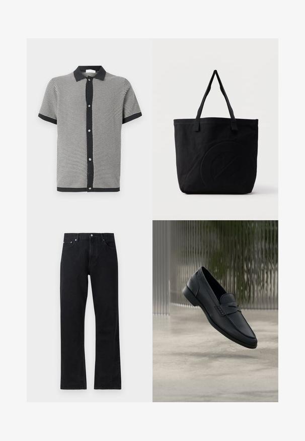Kortærmet polo shirt i sort og hvid stribet strikstof, med en sort krave og frontknaplukning med sølvhardware.; Sorte denim jeans med lige ben-design, med knaplukning, fem-lomme stil og diskrete stikninger.; Sort læderloafer med glat finish, spids tå og sømdetaljer over vristen. Lav hæl og minimalistisk design.; Sort canvas-tote-taske med to skulderstropper og et diskret præget cirkeldesign på fronten.