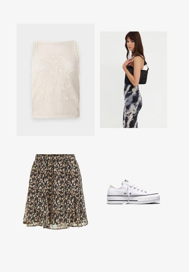 Strikket top i beige med åbenvævning. Har scallopkanter, et blomstermønster strikket ind i stoffet og ærmeløs skæring.; Sort nederdel med beige og lysegrå uregelmæssige pletter, elastisk talje og en flydende, let udvidet kant.; Hvid lavtop lærredssneakers med hvide snørebånd, sorte striber på sålen og gummieret tekstureret tåhætte, sidevendt på hvid baggrund.; Sort quiltet skuldertaske med en enkelt rem og sølvhardware, parret med en tætsiddende kjole med tie-dye mønster i nuancer af sort og creme.