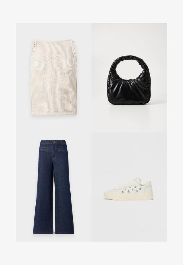 Strikket top i beige med åbenvævning. Har scallopkanter, et blomstermønster strikket ind i stoffet og ærmeløs skæring.; Bredde denimbukser i mørkeblå med høj talje, knaplukning foroven og kontrasterende orange syninger. To baglommer synlige.; Hvid sneaker med øvre del af glat læder. Har sølvstjerneudsmykninger og en tyk, tekstureret sål. Snørelukning.; Sort polstret håndtaske med et rundt håndtag, der har en glat, skinnende overflade og en blød, kviltet tekstur. Ingen synlige hardware eller accenter.