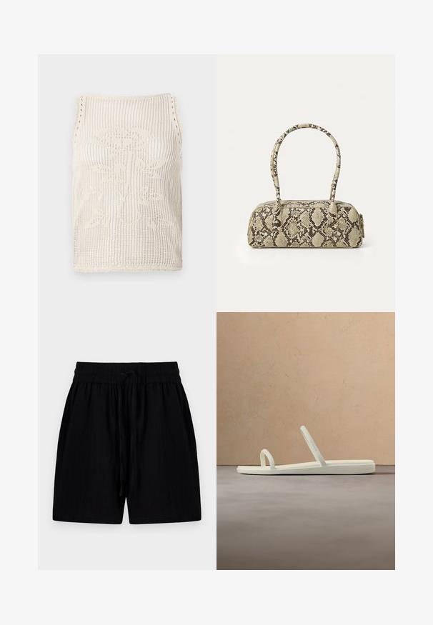 Strikket top i beige med åbenvævning. Har scallopkanter, et blomstermønster strikket ind i stoffet og ærmeløs skæring.; Sorte shorts lavet af letvægtsstof med en justerbar talje, der har sidelommer og en tekstureret overflade.; Beige minimalistisk sandal med to tynde remme, placeret over et tekstureret tæppe, med et rundt træbord og stablede bøger i baggrunden.; Beige og brun taske med slange-mønster i en rektangulær form, dobbelt top-håndtag og lynlås lukning. Tekstureret læderoverflade.