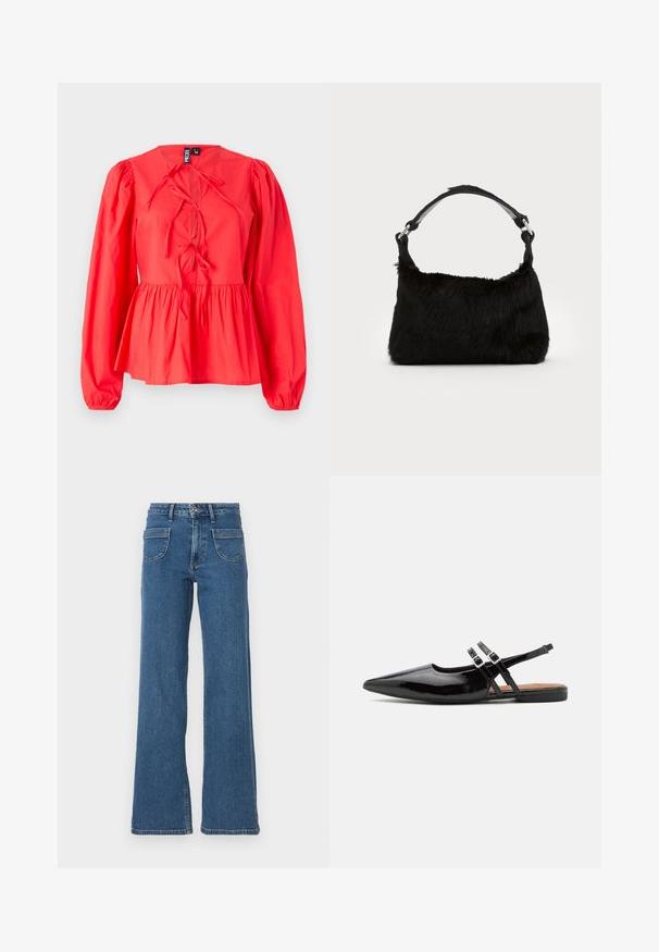 Blouse rouge à manches longues avec un col rond, détail de lien sur le devant, taille peplum froncée et tissu texturé.; Jeans en denim bleu à jambes larges avec une taille haute, cinq poches, fermeture à boutons à l'avant et une finition légèrement délavée. Les ourlets et coutures cousus sont visibles.; Des chaussures slingbacks en cuir verni noir présentent un bout pointu, deux sangles avec des accents de boucle, et une semelle plate.; Sac à main en fausse fourrure noire avec une texture douce, une forme arrondie et une bandoulière en cuir noir robuste. Accent en métal argenté visible.