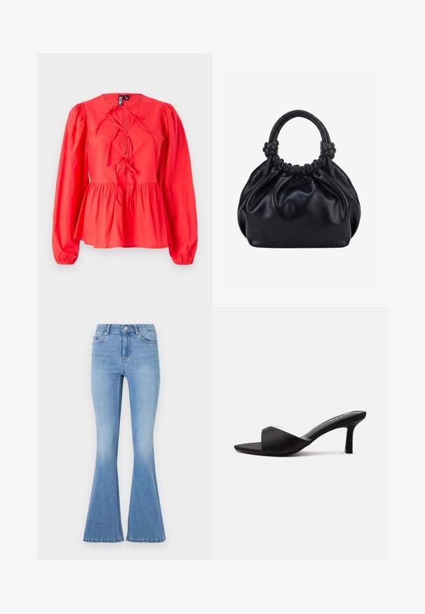Blouse rouge à manches longues avec un col rond, détail de lien sur le devant, taille peplum froncée et tissu texturé.; Jeans évasés bleu clair avec une texture en denim lisse, ornés de clous en argent éparpillés sur le devant et d'un design classique à cinq poches.; Mule noire à bout ouvert avec un talon moyen et fin, et une large bride sur l'avant, vue de profil sur un fond uni.; Sac à main en cuir noir souple avec le dessus froncé et deux grosses poignées nouées sur un fond uni clair.
