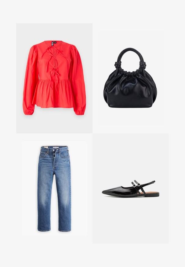 Blouse rouge à manches longues avec un col rond, détail de lien sur le devant, taille peplum froncée et tissu texturé.; Jean en denim bleu avec une taille haute, une coupe droite et des zones décolorées. Comprend des poches avant et des accessoires métalliques.; Des chaussures slingbacks en cuir verni noir présentent un bout pointu, deux sangles avec des accents de boucle, et une semelle plate.; Sac à main en cuir noir souple avec le dessus froncé et deux grosses poignées nouées sur un fond uni clair.