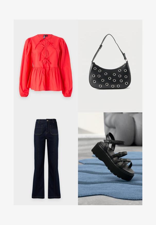 Blouse rouge à manches longues avec un col rond, détail de lien sur le devant, taille peplum froncée et tissu texturé.; Jeans évasés bleu foncé en denim, dotés d'une taille haute, de deux poches arrière et de coutures visibles le long des coutures.; Sandale plateforme noire avec trois brides réglables à boucle, posée sur un tapis bleu texturé avec un arrière-plan flou.; Sac d'épaule en cuir noir avec bandoulière réglable, orné d'œillets en métal argenté et fermeture éclair supérieure.