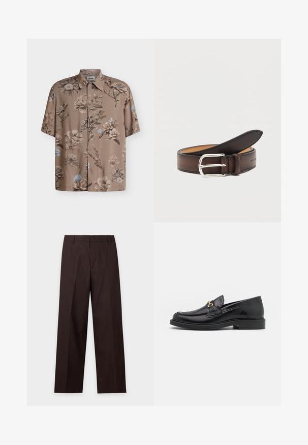 Chemise à manches courtes boutonnée en marron clair avec des imprimés floraux atténués aux tons beige, marron et touches de bleu pâle.; Pantalon droit marron foncé avec passants de ceinture, fermeture par bouton et pli sur le devant, présenté sur fond blanc.; Mocassins en cuir noir avec un embout rond, présentant des accents en métal doré et des détails de couture, montés sur une semelle en caoutchouc texturé et basse.; Ceinture en cuir marron foncé roulée avec une boucle rectangulaire argentée sur fond blanc.