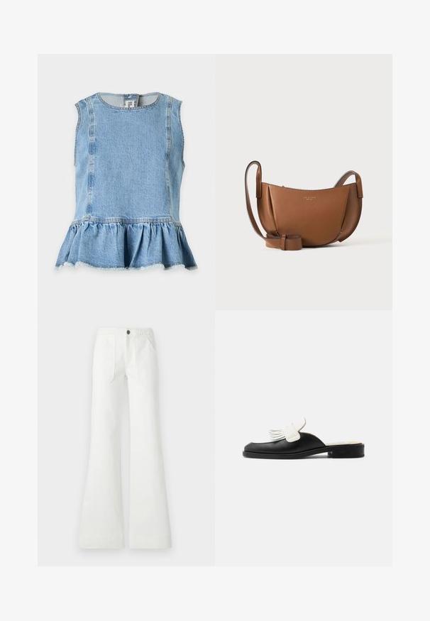 Haut sans manches en denim bleu clair avec encolure ronde et ourlet à volants froncés, fermeture par bouton dans le dos au niveau du cou.; Pantalon évasé blanc en tissu tissé, avec une ceinture tressée, deux poches avant et une texture lisse. Fermé avec un bouton noir.; Mule en cuir noir avec petit talon et détail à franges blanches sur le dessus, style glissé.; Sac bandoulière en cuir marron avec forme courbée, bandoulière réglable et logo de marque embossé doré minimaliste sur le devant, sur fond uni.