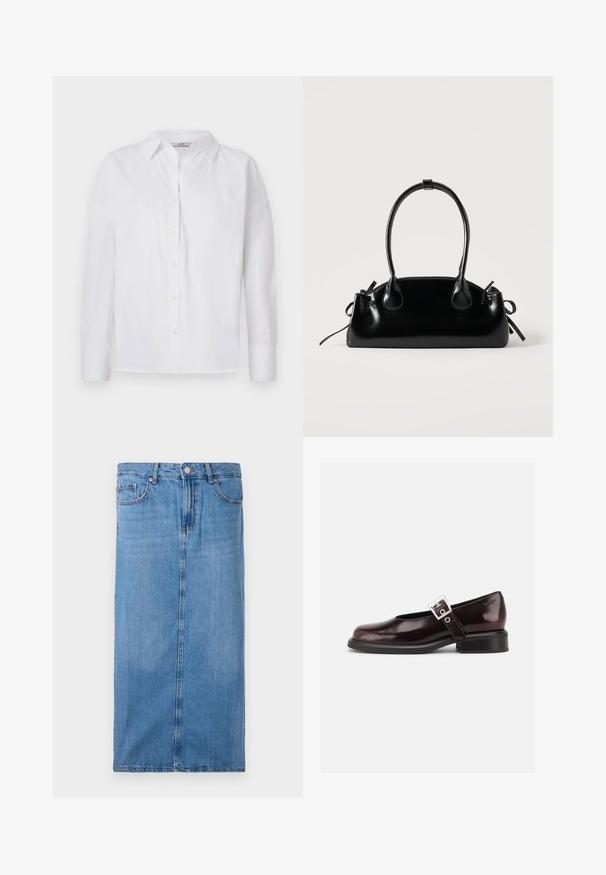 Chemise blanche à boutons faite en coton, avec des manches longues, un col classique et des détails de couture subtils.; Jupe midi en denim bleu clair, avec une silhouette droite, une couture frontale, et une taille standard avec cinq passants de ceinture et une fermeture à bouton en métal.; Chaussure Mary Jane unique brillante couleur bordeaux foncé avec une large bride et une boucle argentée, talon bloc bas et bout arrondi sur fond blanc.; Petit sac à main noir brillant avec deux longues anses et des détails à cordon sur les côtés sur un fond clair uni.