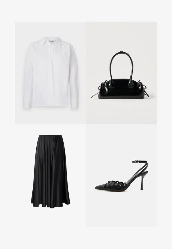 Camisa blanca de botones hecha de algodón, con mangas largas, un cuello clásico y detalles de costura sutiles.; Falda maxi negra de tejido suave, con una cinturilla elástica, silueta amplia y un dobladillo fluido sin patrones o detalles visibles.; Zapato de tacón alto negro con punta fina, bordes ondulados, ojales metálicos, cordones delanteros y una correa en el tobillo con cierre de hebilla.; Pequeño bolso negro brillante con dos asas largas y detalles de cordón lateral sobre un fondo claro liso.