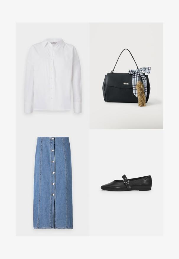 Hvid skjorte med knapper, lavet af bomuld, med lange ærmer, klassisk krave og subtile syningsdetaljer.; Lysblå denimnederdel med lige silhuet. Har en frontlukning med knapper, lodret syning og rå kant forneden.; Sorte læder flade sko med rund tå, et enkelt justerbart spænde og en glat, blank overflade. Minimalistisk design med en lav hæl.; Sort håndtaske med top-håndtag, sølvspænde og et sort-hvidt ternet bånd bundet til en brun, pelsagtig nøglering.