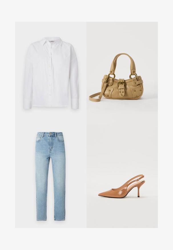 Witte button-up shirt van katoen, met lange mouwen, een klassieke kraag en subtiele stikdetails.; Lichtblauwe spijkerbroeken met een rechte pijp, vijfzakkenmodel, metalen knoopsluiting en subtiele whiskeringdetails aan de voorkant.; Puntige slingback hak in een glad, glanzend beige materiaal. Bevat een gebogen uitsnijdontwerp en een slanke stiletto hak. Zilveren gesp detail.; Beige leren handtas met dubbele handvatten, messing gesps en klinknagel details, en een verstelbare schouderriem tegen een witte achtergrond.
