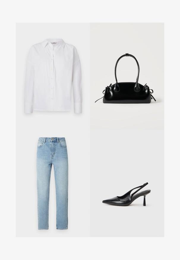 Hvid skjorte med knapper, lavet af bomuld, med lange ærmer, klassisk krave og subtile syningsdetaljer.; Lyseblå denimjeans med lige ben, fem-lomme-design, metalknaplukning og diskrete slidningsdetaljer foran.; Sort læderslagback højhælet sko med spids tå og slank hæl på en hvid baggrund.; Lille sort blank håndtaske med to lange håndtag og snøre-detaljer i siden på en ensfarvet lys baggrund.