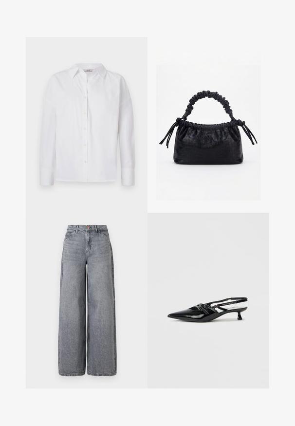 Camisa blanca de botones hecha de algodón, con mangas largas, un cuello clásico y detalles de costura sutiles.; Jeans de denim de pierna ancha en un lavado gris desgastado, con cinco bolsillos, cierre de botón y una textura suave con sutiles detalles de desgaste.; Zapato slingback de charol negro con puntera puntiaguda, tacón pequeño de bloque y correa ajustable con detalles recortados y acentos de logotipo.; Bolso negro con textura de cocodrilo, borde superior fruncido, asa recogida y cordones con borlas en cada lado sobre un fondo blanco.
