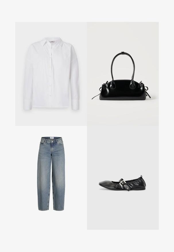Hvid skjorte med knapper, lavet af bomuld, med lange ærmer, klassisk krave og subtile syningsdetaljer.; Lyseblå, løstsiddende jeans med høj talje, lavet af denimstof. Har fem lommer og en traditionel lukning med knap og lynlås.; Sorte læder flade sko med spids tå, samling detaljer omkring åbningen, og en sølv spænde accent på den justerbare rem.; Lille sort blank håndtaske med to lange håndtag og snøre-detaljer i siden på en ensfarvet lys baggrund.