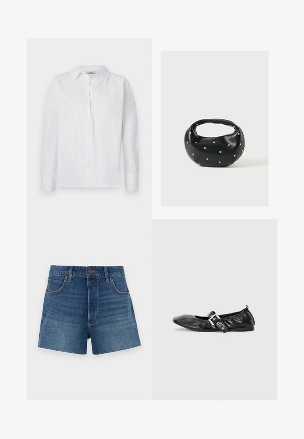 Hvid skjorte med knapper, lavet af bomuld, med lange ærmer, klassisk krave og subtile syningsdetaljer.; Denim shorts i mellemblå, med høj talje, fire lommer og syet detaljer. Glat tekstur med en klassisk pasform.; Sorte læder flade sko med spids tå, samling detaljer omkring åbningen, og en sølv spænde accent på den justerbare rem.; Sort læderhåndtaske med en rundet form, dekoreret med sølvnitter, og et kort håndtag. Glat tekstur og lynlåslukning.
