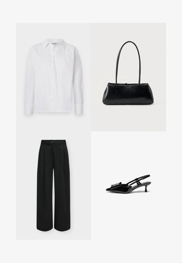 Camisa blanca de botones hecha de algodón, con mangas largas, un cuello clásico y detalles de costura sutiles.; Pantalones negros de tiro alto y pierna ancha con botón delantero y cremallera oculta sobre un fondo liso y claro.; Zapatos de tacón slingback de charol negro con punta afilada, detalle de lazo en el frente y un pequeño tacón de aguja. Las correas tienen hebillas ajustables.; Bolso de hombro rectangular negro con correas largas y delgadas y una textura lisa y brillante sobre un fondo liso.