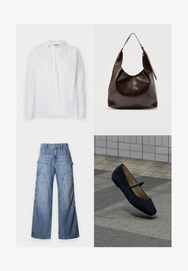 Camisa blanca de botones hecha de algodón, con mangas largas, un cuello clásico y detalles de costura sutiles.; Good American GOOD EASE RELAXED - Vaqueros boyfriend - indigo; Zapato plano Mary Jane negro con una sola correa, mostrado flotando sobre una superficie pavimentada y un fondo de pared con azulejos.; Bolso de hombro de cuero marrón oscuro brillante con una sola correa ancha y detalle de hebilla en un lado, colocado sobre un fondo claro y sencillo.