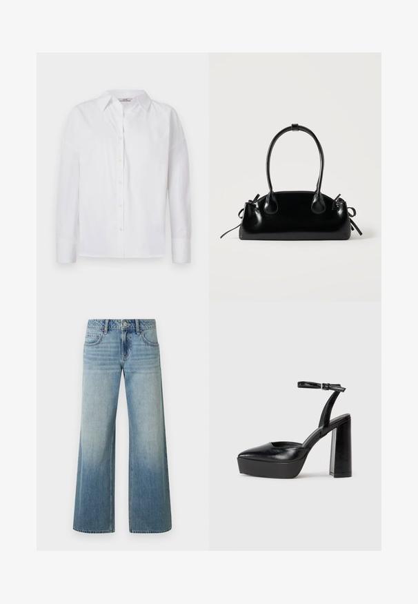 Witte button-up shirt van katoen, met lange mouwen, een klassieke kraag en subtiele stikdetails.; Lichtblauwe jeans met wijde pijpen en een vervaagde afwerking, voorzien van een knoopsluiting, vijf zakken en gestikte details langs de naden.; Zwarte plateauhakken met een puntige neus en verstelbare enkelband. Gemaakt van soepel leer, met een robuuste blokhak.; Kleine zwarte glanzende handtas met twee lange hengsels en zijkant trekkoord details op een effen lichte achtergrond.