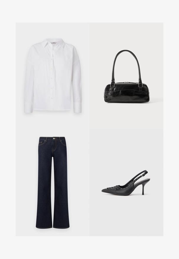 Witte button-up shirt van katoen, met lange mouwen, een klassieke kraag en subtiele stikdetails.; Donkerblauwe denim jeans met wijde pijpen, voorzakken, knoop- en ritssluiting, en zichtbare contrasterende stiksels.; Zwarte leren slingback stiletto met spitse neus, zijgesp met gesp, studs langs de rand en decoratieve veters aan de voorkant.; Zwarte leren handtas met een rechthoekige vorm, voorzien van een enkele gestructureerde handgreep, zilveren hardware en ritsluiting. Gladde textuur.