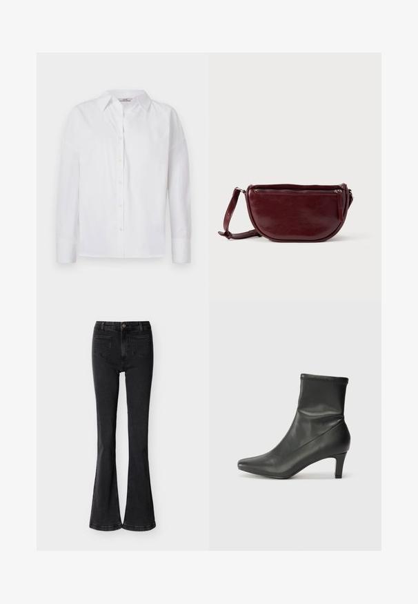 Witte button-up shirt van katoen, met lange mouwen, een klassieke kraag en subtiele stikdetails.; Zwarte flared jeans met hoge taille, voorzakken, riemlussen, knoopsluiting en zichtbare stiksels tegen een effen lichte achtergrond.; Zwarte leren enkellaars met een puntige neus en een hak van 6 cm. De bovenkant heeft een gladde textuur met een aangesloten ontwerp en subtiele stiksels.; Dieprode lederen handtas met een halve-maansvorm, een ritssluiting en een afneembare riem. Gladde textuur met een subtiele glans.