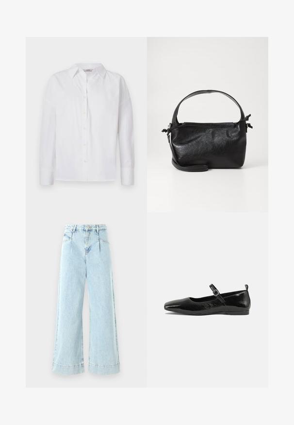Chemise blanche à boutons faite en coton, avec des manches longues, un col classique et des détails de couture subtils.; Jeans larges en denim bleu clair, avec une taille haute, des poches avant et des accents cousus à l'ourlet.; Chaussure plate en cuir verni noir avec un bout pointu, une sangle de cheville avec boucles, et une texture lisse et brillante. Talon bas pour le confort.; Sac à main en cuir noir au design structuré, avec une poignée arrondie et une bandoulière amovible. Présente une texture lisse et un éclat subtil.