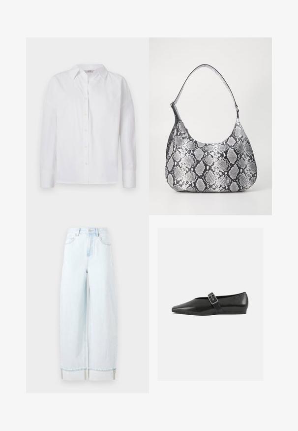 Weißes Baumwollhemd mit Knopfleiste, langen Ärmeln, klassischem Kragen und dezenten Stickdetails.; Helle blaue weit geschnittene Jeans aus Denim, mit hoher Taille, Fronttaschen und einem umgeschlagenen Saum mit sichtbaren Nähakzenten.; Schwarze Lederflachschuhe mit spitzem Zehenbereich, ausgestattet mit einem metallischen Riemen über dem Spann und einer niedrigen, flexiblen Sohle.; Schultertasche im schwarz-weißen Schlangenprint mit runder Form, glatter Textur und gebogenem Tragegurt. Mit einem silbernen Hardware-Akzent.
