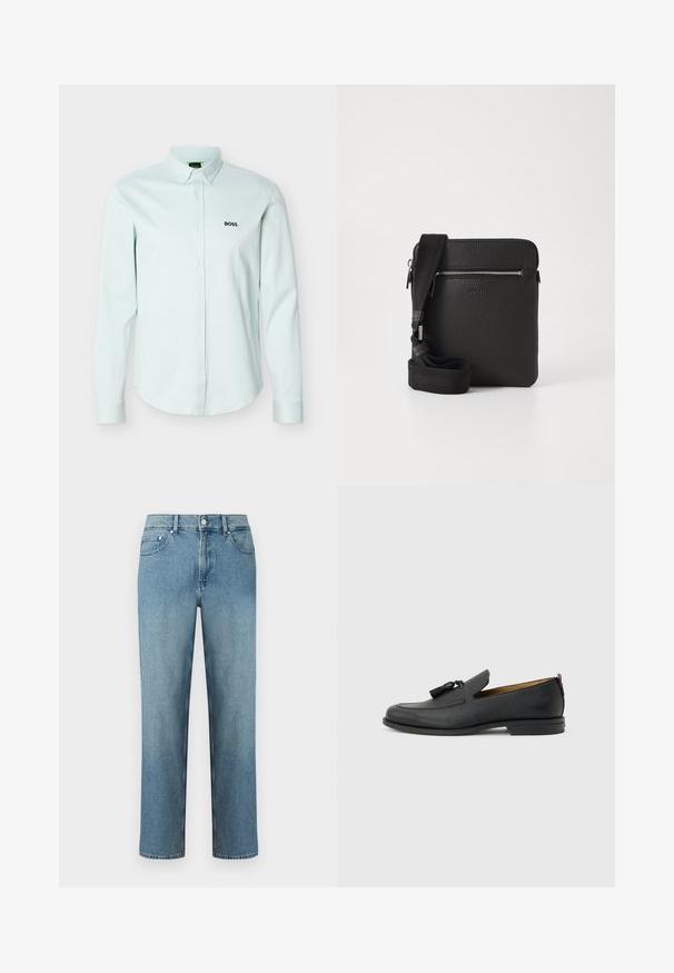 Chemise bleu clair à manches longues avec col boutonné, ornée d'un logo noir "BOSS" sur la poitrine gauche.; Jean en denim bleu clair à coupe droite, avec cinq poches et une fermeture par bouton à la taille. Détails de couture le long des coutures.; Mocassin pour homme en cuir noir avec pompons, bout arrondi, petit talon et languette à l'arrière, présenté de profil sur un fond gris clair.; Sac à bandoulière en cuir noir avec une surface texturée, poche avant zippée et une sangle en tissu réglable. Design simple et carré.