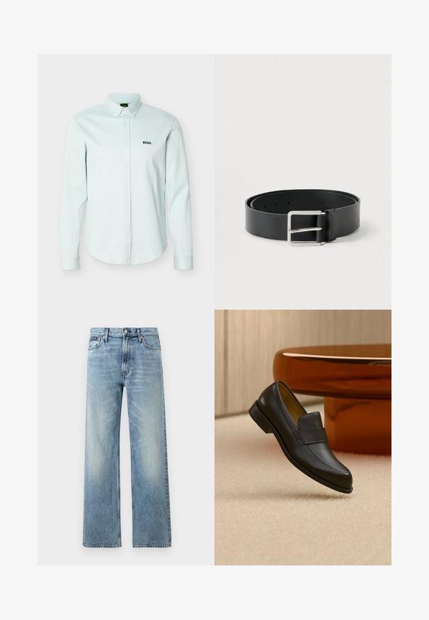 Chemise bleu clair à manches longues avec col boutonné, ornée d'un logo noir "BOSS" sur la poitrine gauche.; Jean droit en denim bleu clair avec taille haute, cinq poches, fermeture à boutons et léger délavage sur les cuisses et les genoux.; Mocassin en cuir noir à talon bas flottant au-dessus d'un sol moquetté beige près d'une table ronde marron.; Ceinture en cuir noir à finition lisse, avec une boucle rectangulaire en métal argenté et plusieurs trous de réglage.