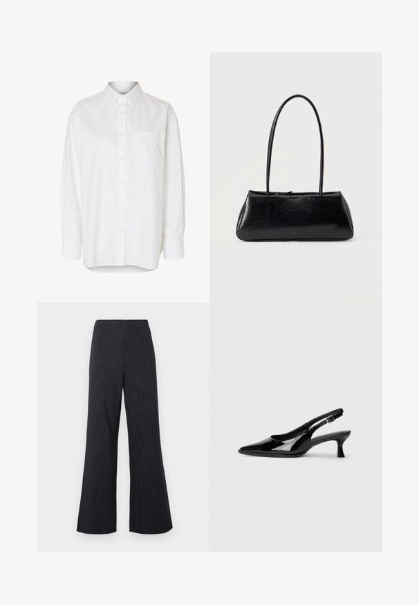 Camisa blanca de manga larga con botones, cuello puntiagudo y bolsillo en el pecho, mostrada sobre un fondo liso.; Pantalones negros de pierna ancha con rayas verticales blancas finas, cintura elástica y textura de tela suave, que ofrecen un ajuste relajado y un aspecto elegante.; Zapatos de charol negro tipo slingback con punta afilada y tacón bajo. Correa ajustable con hebilla en el tobillo.; Bolso de hombro rectangular negro con correas largas y delgadas y una textura lisa y brillante sobre un fondo liso.
