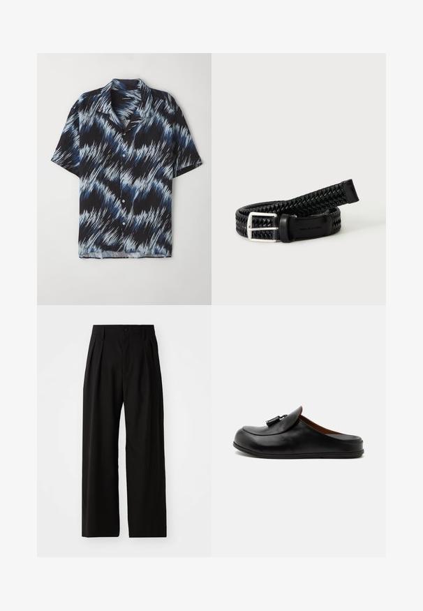 Chemise à manches courtes en tissu léger, avec un motif en zigzag bleu et noir, fermeture par boutons et col pointu.; Pantalons larges noirs avec une texture lisse, dotés de deux plis avant, d'une fermeture à bouton et de poches latérales. Tissu durable.; Mocassin noir en cuir sans contrefort avec des glands sur le dessus, affiché de côté sur un fond clair uni.; Ceinture en cuir tressé noir avec boucle argentée enroulée sur une surface blanche.