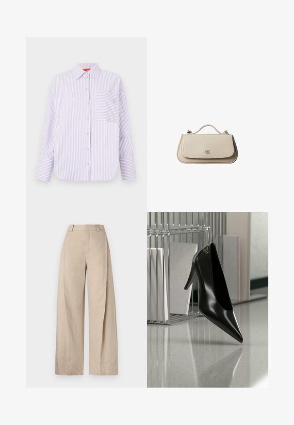 Lys lilla skjorte med knapper og lodrette striber, enkelt brystlomme og krave. Har lange ærmer med brede manchetter og et diskret logo.; Beige linnedragt med vidde og høj talje, der har en glat tekstur og rene linjer, designet til en afslappet pasform.; Sort højhælet sko med spids tå og guldlogo, placeret på en reflekterende overflade nær en krom trådfilholder med dokumenter.; Lille beige læderhåndtaske med top håndtag og sølv CK-logo på frontklap, vist mod en hvid baggrund.