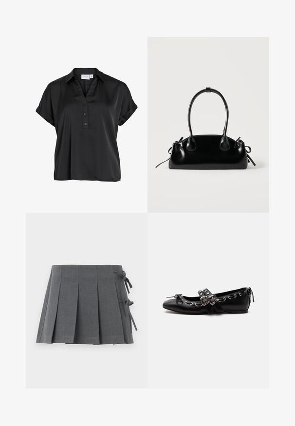 Blusa negra de manga corta con puños doblados, cuello en pico y tres botones delanteros, confeccionada con una tela lisa y ligeramente brillante.; Minifalda plisada gris en un tejido texturizado, que presenta un cierre anudado en un lado y una cintura lisa para mayor comodidad.; Zapato de ballet plano negro con correas de doble hebilla, ojales plateados y un pequeño lazo cerca de la puntera redondeada sobre un fondo blanco.; Pequeño bolso negro brillante con dos asas largas y detalles de cordón lateral sobre un fondo claro liso.
