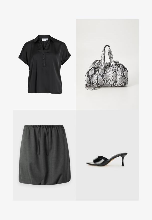 Blusa negra de manga corta con puños doblados, cuello en pico y tres botones delanteros, confeccionada con una tela lisa y ligeramente brillante.; falda de textura gris oscuro con cintura elástica y cordón. Diseño simple, longitud hasta el muslo, sin patrones ni adornos visibles.; Mules de tacón alto de cuero negro con diseño de punta descubierta y una amplia correa superior curva. Textura suave y silueta elegante.; Bolso de mano con patrón de piel de serpiente en blanco y negro, con dos asas, un cierre de cordón y una correa para el hombro desmontable. Textura suave.