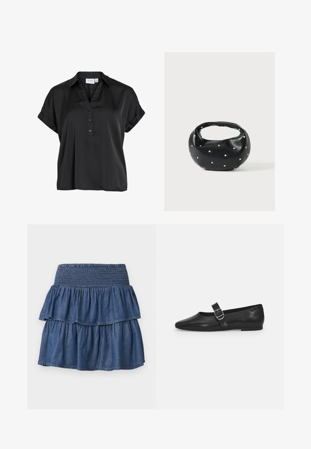 Schwarze kurzärmelige Bluse mit umgeschlagenen Bündchen, V-Ausschnitt und drei Knöpfen vorne, aus glattem, leicht glänzendem Stoff.; Blauer gestufter Jeansrock mit weitem gerafftem Bündchen und zwei gesammelten Lagen auf einfarbigem Hintergrund.; Schwarzer Lederflatschuh mit runder Zehenform, einem verstellbaren Schnallenriemen und einer glatten, glänzenden Oberfläche. Minimalistisches Design mit einem niedrigen Absatz.; Schwarze Lederhandtasche mit abgerundeter Form, verziert mit silbernen Nietenakzenten und kurzem Griff. Glatte Struktur und Reißverschlussverschluss.