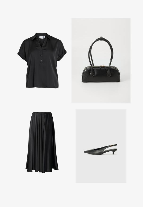 Schwarze kurzärmelige Bluse mit umgeschlagenen Bündchen, V-Ausschnitt und drei Knöpfen vorne, aus glattem, leicht glänzendem Stoff.; Schwarze Maxirock aus glattem Stoff, mit elastischem Taillenbund, voluminöser Silhouette und fließendem Saum ohne sichtbare Muster oder Details.; Schwarzer Slingback-Schuh mit spitzem Zehenbereich aus glattem Leder. Mit einem dünnen Absatz und einer dekorativen Schnalle am verstellbaren Riemen.; Schwarze Lederhandtasche mit zwei verlängerten Griffen, Reißverschluss und runder Form; glatte Textur mit subtiler glänzender Oberfläche.