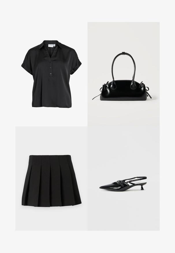 Schwarze kurzärmelige Bluse mit umgeschlagenen Bündchen, V-Ausschnitt und drei Knöpfen vorne, aus glattem, leicht glänzendem Stoff.; Schwarzer Faltenminirock mit strukturiertem Design, aus glattem Stoff gefertigt. Features einen Taillenbund und gleichmäßig verteilte vertikale Falten.; Schwarzer Slingback-Schuh aus Lackleder mit spitzer Schuhspitze, kleinem Blockabsatz und verstellbarem Riemen mit Ausschnittdetails und Logoakzenten.; Kleine schwarze glänzende Handtasche mit zwei langen Griffen und seitlichen Kordelzug-Details vor einfachem hellem Hintergrund.