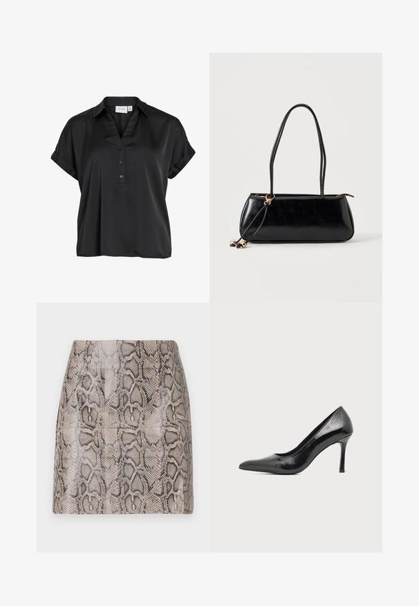Sort kortærmet bluse med opsmøgede manchetter, V-hals og tre foran knapper, lavet af glat, let skinnende stof.; En tætsiddende miniskørt med en blank, struktureret faux slangeskindsprint i nuancer af beige og sort, med en glat overflade og uden synlige lukninger.; Sort laklæder damestilet med spids tå og slank hæl på en ensartet lys baggrund.; Sort rektangulær håndtaske med to lange stropper, guldringdetalje og lynlåslukning på en ensfarvet lys baggrund.