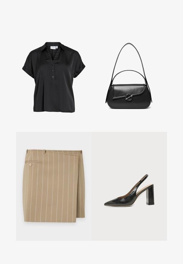Schwarze kurzärmelige Bluse mit umgeschlagenen Bündchen, V-Ausschnitt und drei Knöpfen vorne, aus glattem, leicht glänzendem Stoff.; Beige Rock mit vertikalen weißen Streifen, aus einem strukturierten Stoff gefertigt. Verfügt über eine vordere Klappe und eine rückwärtige Tasche mit einem Knopfdetail.; Schwarzer Leder-Slingback-Schuh mit spitzer Kappe, hohem Blockabsatz und beigegefüttertem Innenraum vor hellem, einfarbigem Hintergrund.; Schwarze Lederschultertasche mit einer geschwungenen Klappe, die durch einen runden Metallverschluss gesichert ist, und einem schlanken, verstellbaren Riemen.