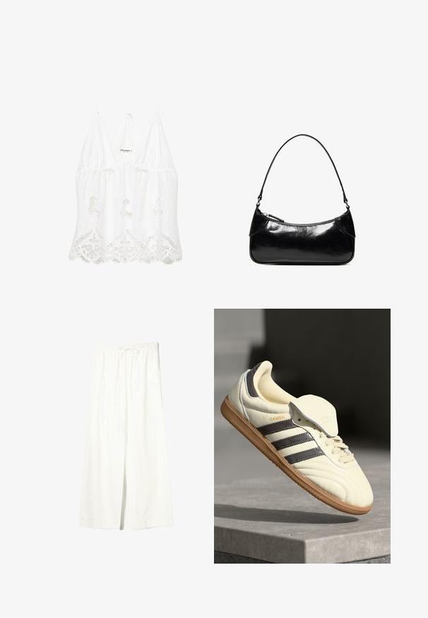 Top court sans manches en dentelle blanche avec ourlet festonné et fines bretelles, orné de broderies florales et d'un décolleté en V.; Pantalon en lin blanc à jambes larges avec taille élastique et cordon de serrage, doté de poches latérales et d'une fente à l'avant.; Baskets en cuir crème avec trois bandes sombres, une semelle extérieure en gomme marron et un bout arrondi. Présentent une languette pliable étiquetée "SAMBA."; Sac à épaule en cuir noir brillant avec un seul compartiment zippé et une fine bandoulière arquée.