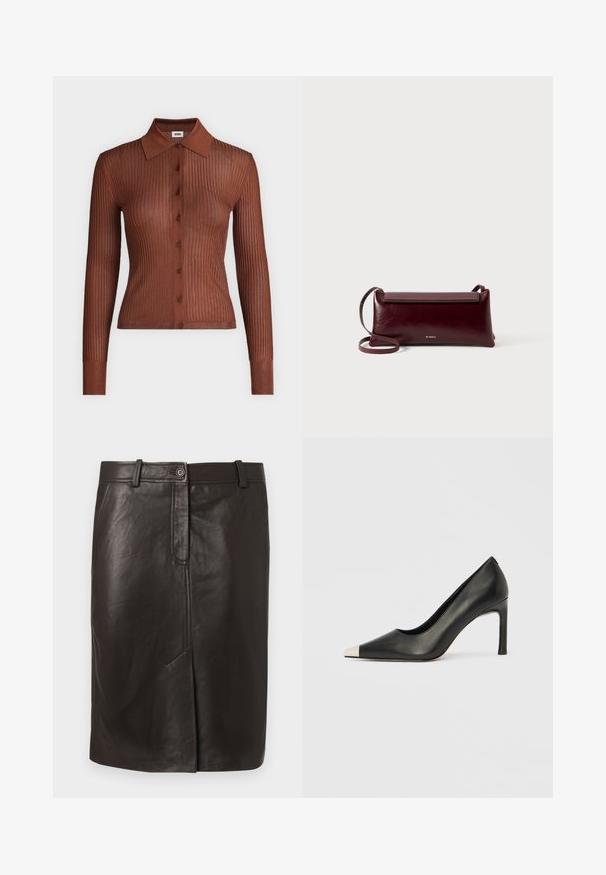 Chemise marron côtelée à manches longues avec boutons, col, coupe slim et texture tricotée contrastante aux poignets et à l'ourlet.; Jupe crayon en cuir noire longueur genou avec fente devant, ceinture, passants de ceinture et fermeture par bouton.; Chaussure à talon haut en cuir noir avec bout pointu et capuchon argenté métallique. Présente une finition lisse et un talon fin de 10 cm.; Sac à bandoulière en cuir bordeaux avec une texture lisse, de forme rectangulaire, fermeture à rabat et une fine sangle réglable. Détail du logo doré visible.