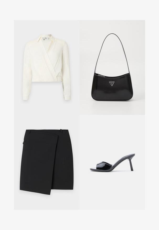 Kort, langærmet bluse i off-white stof. Har et slå-om-design med klassisk krave og knapmanchetter. Glat tekstur, minimal detaljer.; Sort omslag nederdel med en glat tekstur, der har en lynlås i siden og to bæltestropper. Simpelt design uden synlige mønstre eller detaljer.; Sorte laklæder sandaletter med åben tå, der har et buet overdesign og en spids stilethæl. Glat, blank finish.; Sort patenteret læder skuldertaske med en buet form, prydet med et sølvfarvet trekantet logo og en lynlås-lukning. Glat tekstur og slank rem.