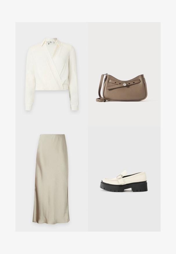 Kort, langærmet bluse i off-white stof. Har et slå-om-design med klassisk krave og knapmanchetter. Glat tekstur, minimal detaljer.; En lang, lys beige nederdel lavet af glat stof har en subtil glans og en flagrende kant, hvilket giver et strømlinet, minimalistisk design.; Hvide læder loafers med en kraftig sort platformsål, der har en rektangulær sølvspænde og synlige syninger på overdelen.; Læderhåndtaske i taupe med sløjfedetalje foran, der har en buet silhuet, justerbar rem og metalhardware.