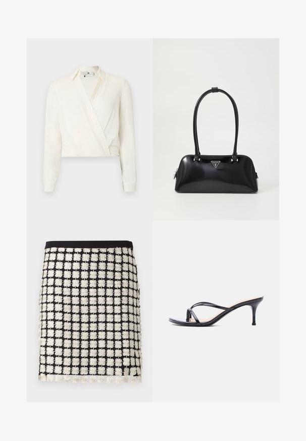 Kort, langærmet bluse i off-white stof. Har et slå-om-design med klassisk krave og knapmanchetter. Glat tekstur, minimal detaljer.; Sort nederdel med ternet mønster af hvide broderede blomster og en ensfarvet sort linning, let bølget kant.; Sort laklædersandal med hæl, tynde krydsede remme og en slank mellemhøj stilethæl på en hvid baggrund.; Sort glanshandtaske med en buet silhuet, to håndtag og en frontlogo-plakette. Lynlås lukning og skinnende hardware-detaljer.