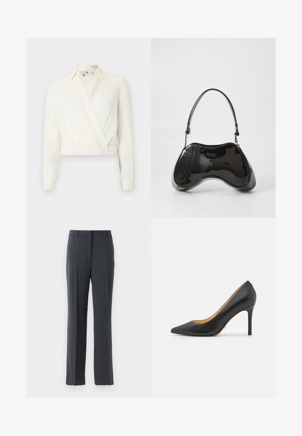 Kort, langærmet bluse i off-white stof. Har et slå-om-design med klassisk krave og knapmanchetter. Glat tekstur, minimal detaljer.; Mørkegrå stribede lige ben bukser til mænd med bælteholdere og lynlåsclosure på en hvid baggrund.; Sort læder spidse stiletto hæle med høj hæl, der har en glat overflade og minimalistisk design. Indersiden er foret i tan farve.; Sort patentlæder håndtaske med en unik buet form, kort justerbar hank og en lynlåslukning i toppen. Glat tekstur med diskret branding.