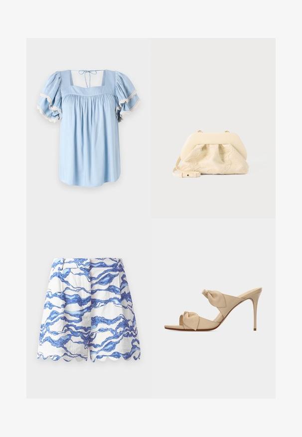 Lichtblauwe blouse met vierkante halslijn en opbollende mouwen. Bevat verzameld stof en delicate kantafwerking langs de mouwranden.; Witte shorts met blauw golfpatroon, gegolfde zoom, lichtgewicht stof, geplooide voorkant en een ontspannen pasvorm. Geschikt voor casual wear.; Beige open-toe hoge hak mule sandaal met twee gedraaide knoopbanden en een smalle naaldhak op witte achtergrond.; Crèmekleurige stoffen handtas met bloemrijke borduursels, zachte afgeronde bovenkant en verstelbare band, plat gelegd op een lichtgrijze achtergrond.