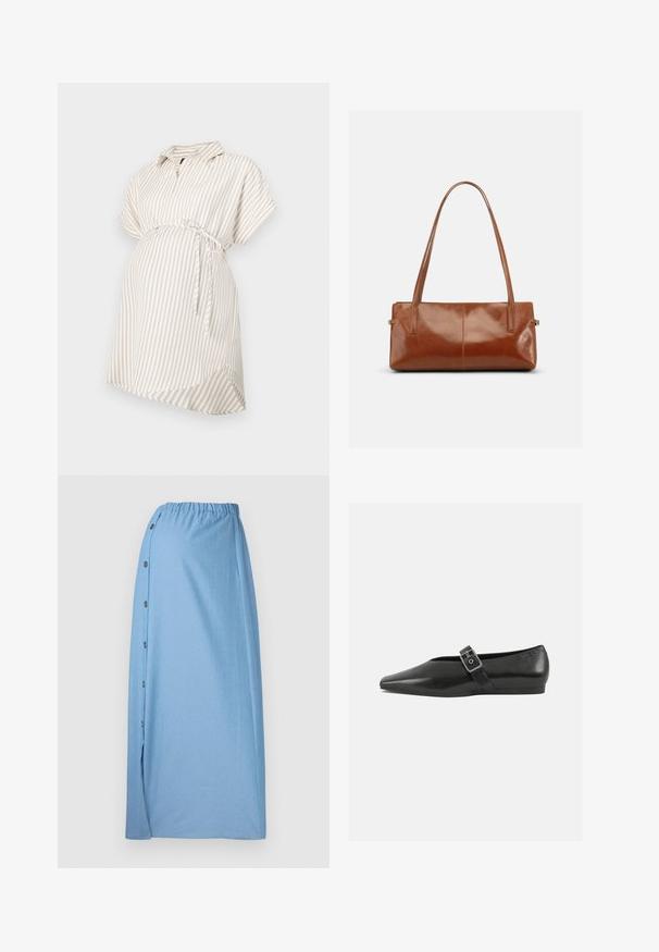 Graviditetsbluse i beige og hvide striber, korte ærmer, krave, detaljer med knyttet talje, flydende stof og afrundet kant for komfort.; Lyseblå nederdel lavet af blød stof, med en samlet talje, sideskaber og en slids til venstre for ekstra detaljer.; Sorte læder flade sko med spidse tæer, prydet med en metallisk spænde over vristen og en lav, fleksibel sål.; Rektangulær brun læderhåndtaske med to lange skulderremme, glat blank finish og minimalistisk design på en ensfarvet baggrund.